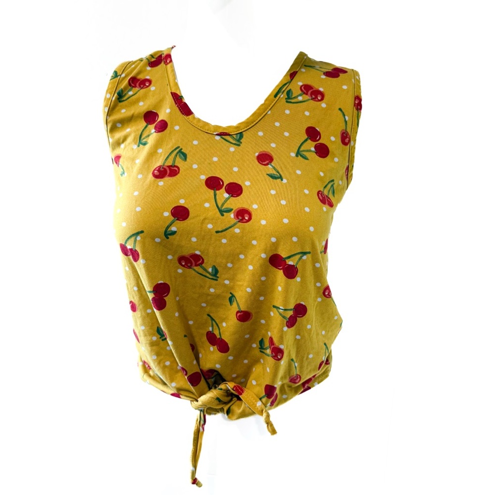 🍒 Sweet Yellow Cherry Print Tank Top Tie Front Sleeveless – Size Small